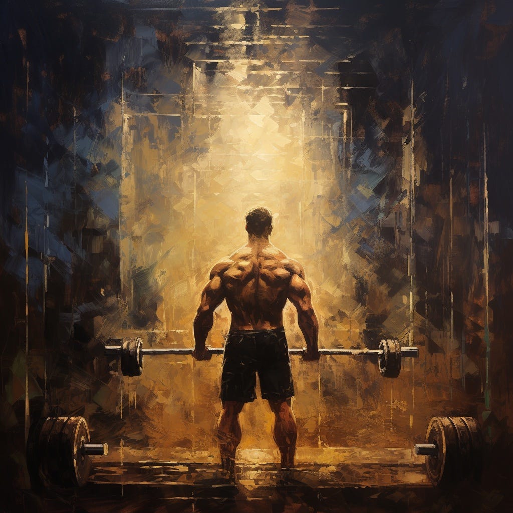 Weightlifter working out alone .