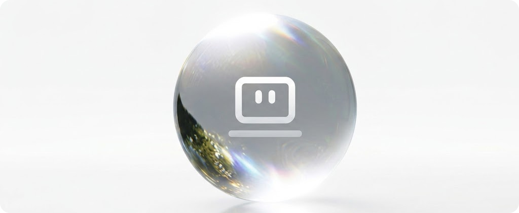  Perplexity Computer logo rendered as a translucent glass sphere with prismatic light refraction, featuring the minimalist laptop-style icon, set against a clean white background as an AI agent product brand mark.