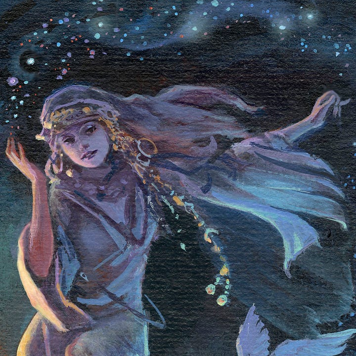 LEFT: Figure detail from ASTRAL MUSE featuring a beautiful woman rendered in limited color, leaping with one knee raised and the opposite hand positioned up to trail dots of lavender, red, and blue as if in the act of cosmic creation.  RIGHT: Close detail from ASTRAL MUSE featuring the torso and head of the woman. Her leading arm is pink while the rest of her is more muted in color providing depth and dimension for the viewer.