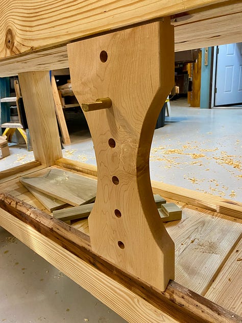 Leg vice chop being shaped on the bandsaw, the sliding deadman shaped, and the vice installed.