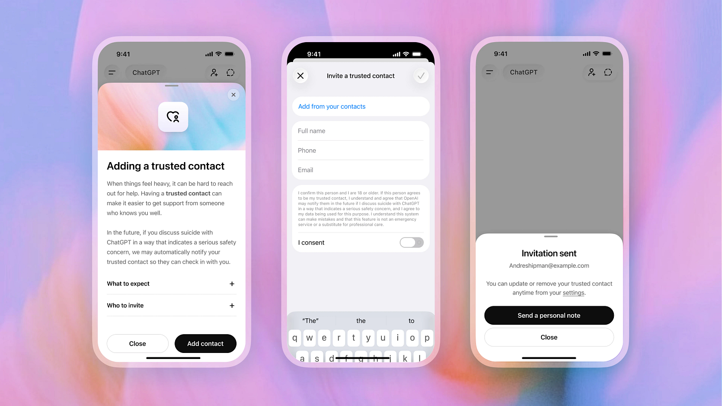 Three ChatGPT screens showing how to add a trusted contact: an info page, a contact form with consent toggle, and a confirmation that the invitation was sent.