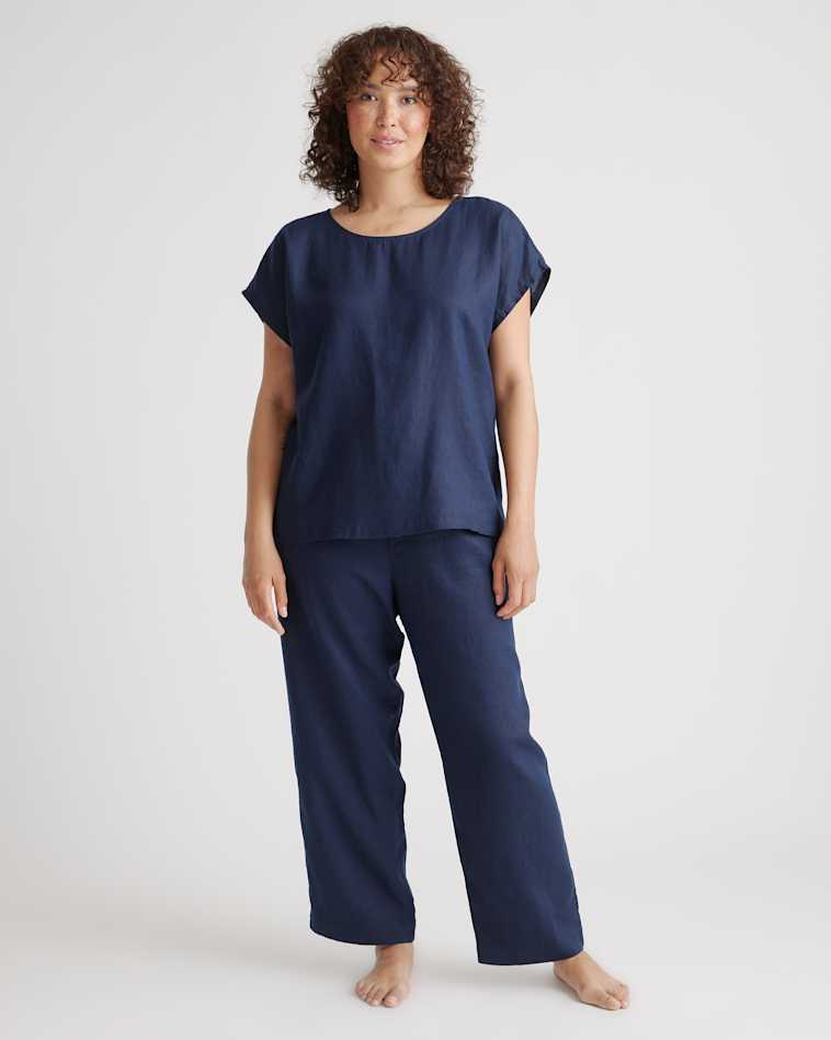 Women's 100% European Linen Long Sleeve Pajama Set with Piping in Deep Navy, Size XL by Quince