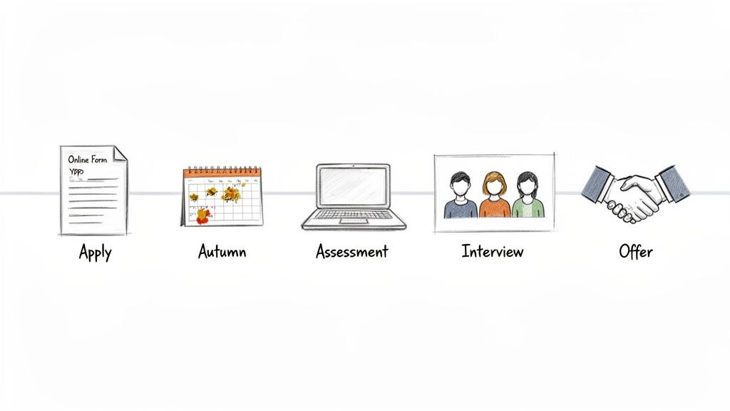 A five-step recruitment process diagram: Apply, Autumn, Assessment, Interview, and Offer. A five-step recruitment process diagram: Apply, Autumn, Assessment, Interview, and Offer.