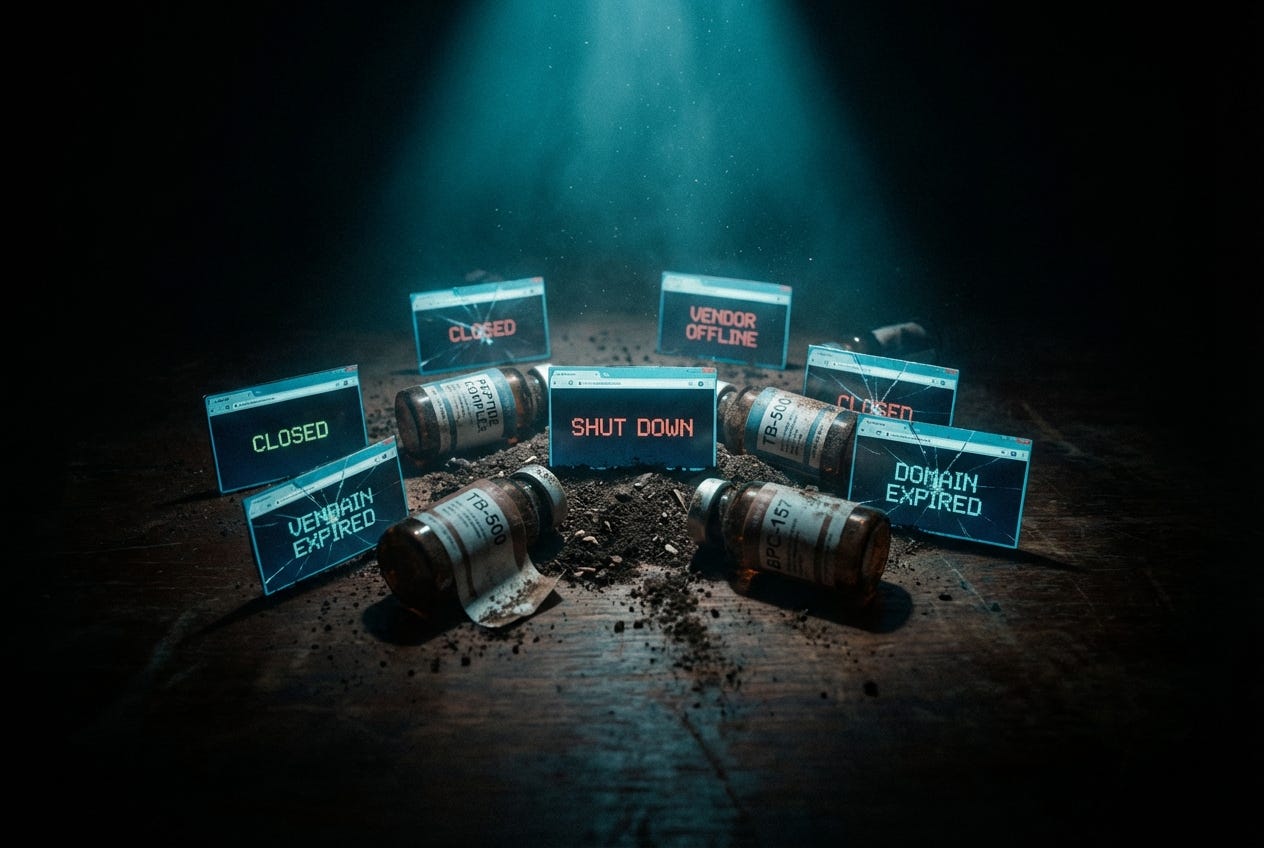 Scattered closed browser windows and fallen peptide vials in dramatic teal lighting Scattered closed browser windows and fallen peptide vials in dramatic teal lighting