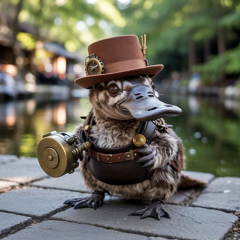 Steampunk platypus candid photos by 4o, Ideogram 3.0, Reve 1.0