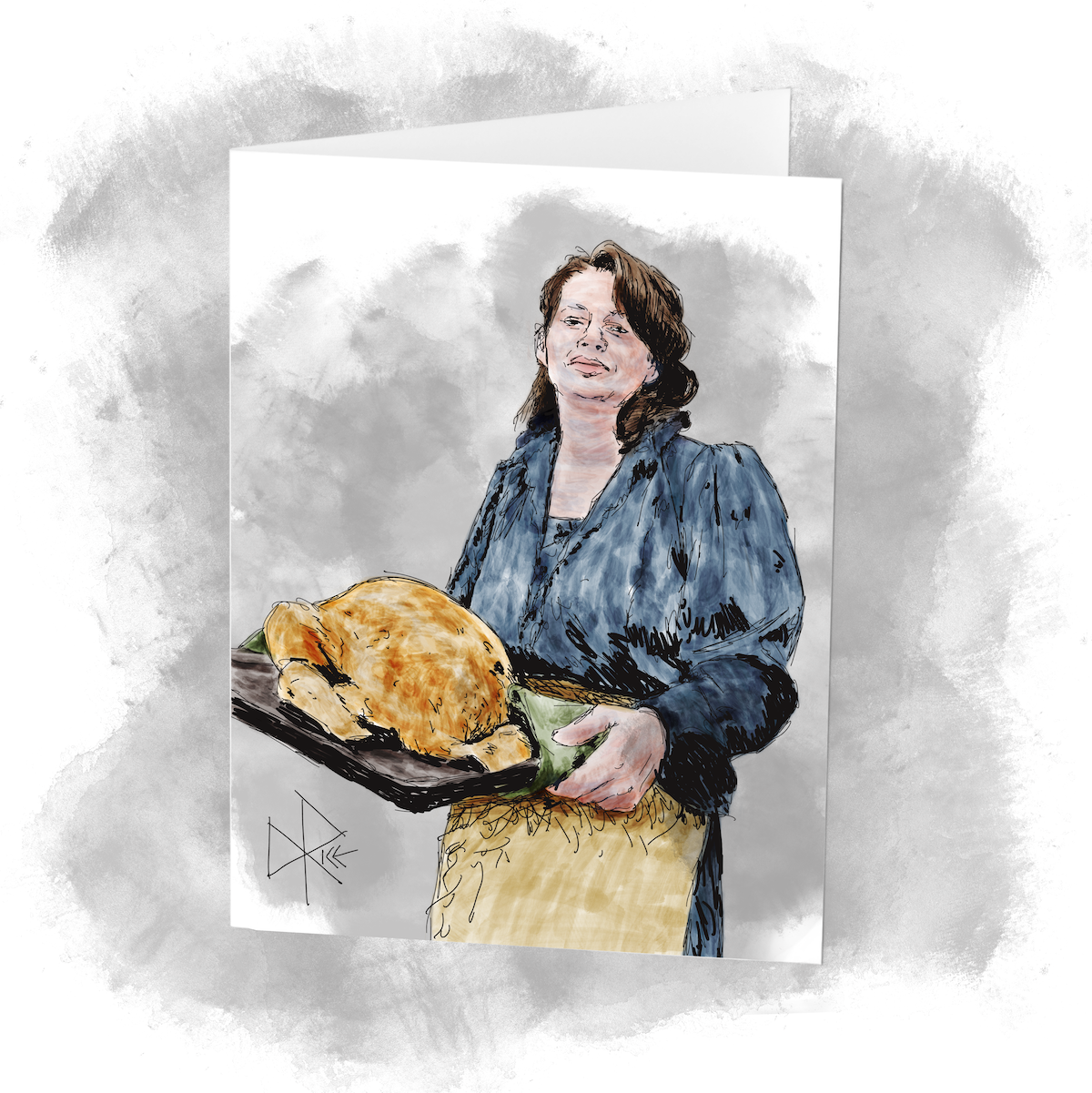 A woman in a blue dress and a yellow apron, using fabric pot holders as she transports a properly cooked turkey on a hot pan. Sketch art by Don Rice. A woman in a blue dress and a yellow apron, using fabric pot holders as she transports a properly cooked turkey on a hot pan. Sketch art by Don Rice.