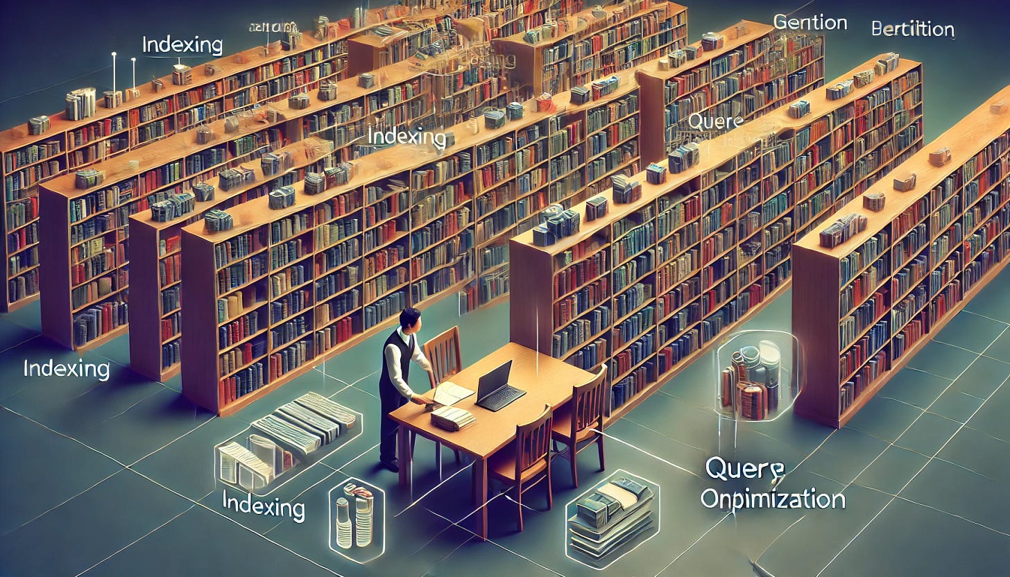 A well-organized library with categorized bookshelves, showing a librarian using a catalog for indexing, representing optimized data management in SQLite. 