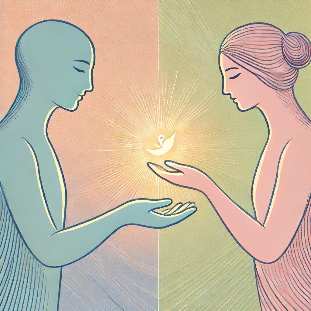 A symbolic digital illustration in pastel colors representing the concept of altruism. Two human figures are shown at the same eye level. One gently offers something symbolic, like a glowing light or a flower, to the other. The act is quiet, selfless, and full of dignity, showing generosity without hierarchy. The background is soft and poetic, using a pastel palette of lavender, turquoise, light peach, and muted green. The style is fine-line, hand-drawn, with no text or written elements. The overall mood is emotional, gentle, and focused on mutual human connection.