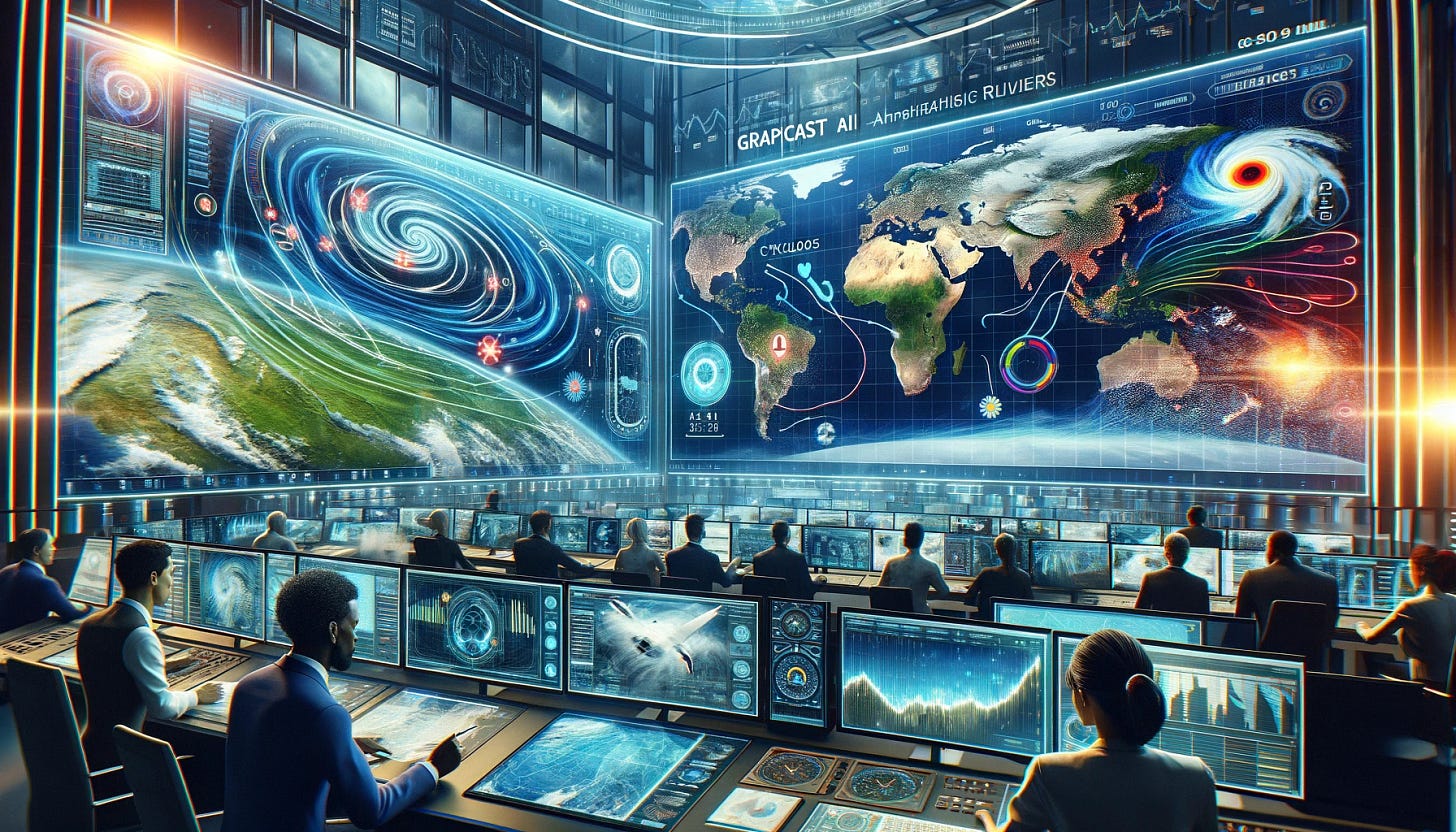 An editorial image illustrating the concept of GraphCast, a state-of-the-art AI model for weather forecasting. The image shows a futuristic, high-tech control room with large screens displaying advanced weather maps and predictions. On one screen, a detailed map shows the tracks of cyclones and atmospheric rivers. Another screen highlights areas at risk of extreme temperatures. In the foreground, a diverse group of scientists and meteorologists (including a Black male, an Asian female, and a Caucasian female) are analyzing the data, visibly impressed by the accuracy and speed of the forecasts. The room is filled with digital interfaces and futuristic technology, symbolizing the cutting-edge nature of GraphCast. This scene conveys the idea of groundbreaking advancements in AI-driven weather prediction and its impact on global preparedness and decision-making. An editorial image illustrating the concept of GraphCast, a state-of-the-art AI model for weather forecasting. The image shows a futuristic, high-tech control room with large screens displaying advanced weather maps and predictions. On one screen, a detailed map shows the tracks of cyclones and atmospheric rivers. Another screen highlights areas at risk of extreme temperatures. In the foreground, a diverse group of scientists and meteorologists (including a Black male, an Asian female, and a Caucasian female) are analyzing the data, visibly impressed by the accuracy and speed of the forecasts. The room is filled with digital interfaces and futuristic technology, symbolizing the cutting-edge nature of GraphCast. This scene conveys the idea of groundbreaking advancements in AI-driven weather prediction and its impact on global preparedness and decision-making.