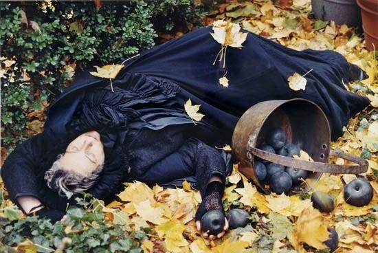 A photographic tableaux of a woman in a deep black dress laying in a hedgerow or wood on top of many yellow autumn leaves. She has spilled a basked of black apples beside, and holds out a black apple as if she has fallen under a spell and appears to be sleeping. She is serene and has grey hair. 