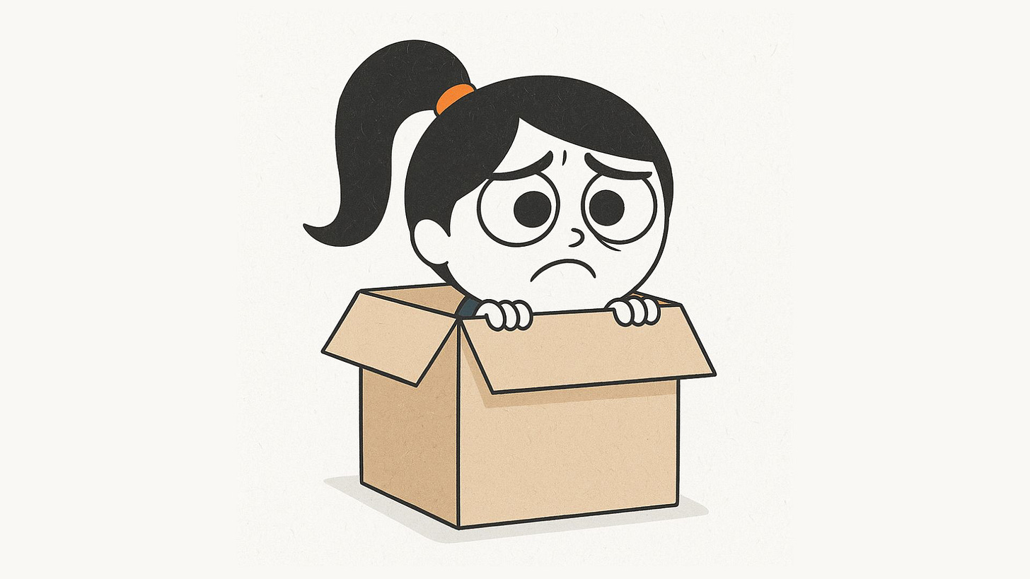 Cartoon illustration of a sad girl with a ponytail sitting inside a cardboard box, symbolizing the loss of control brands face in an AI-powered world where tools like ChatGPT surface personalized, unfiltered recommendations and reveal gaps between marketing and reality.