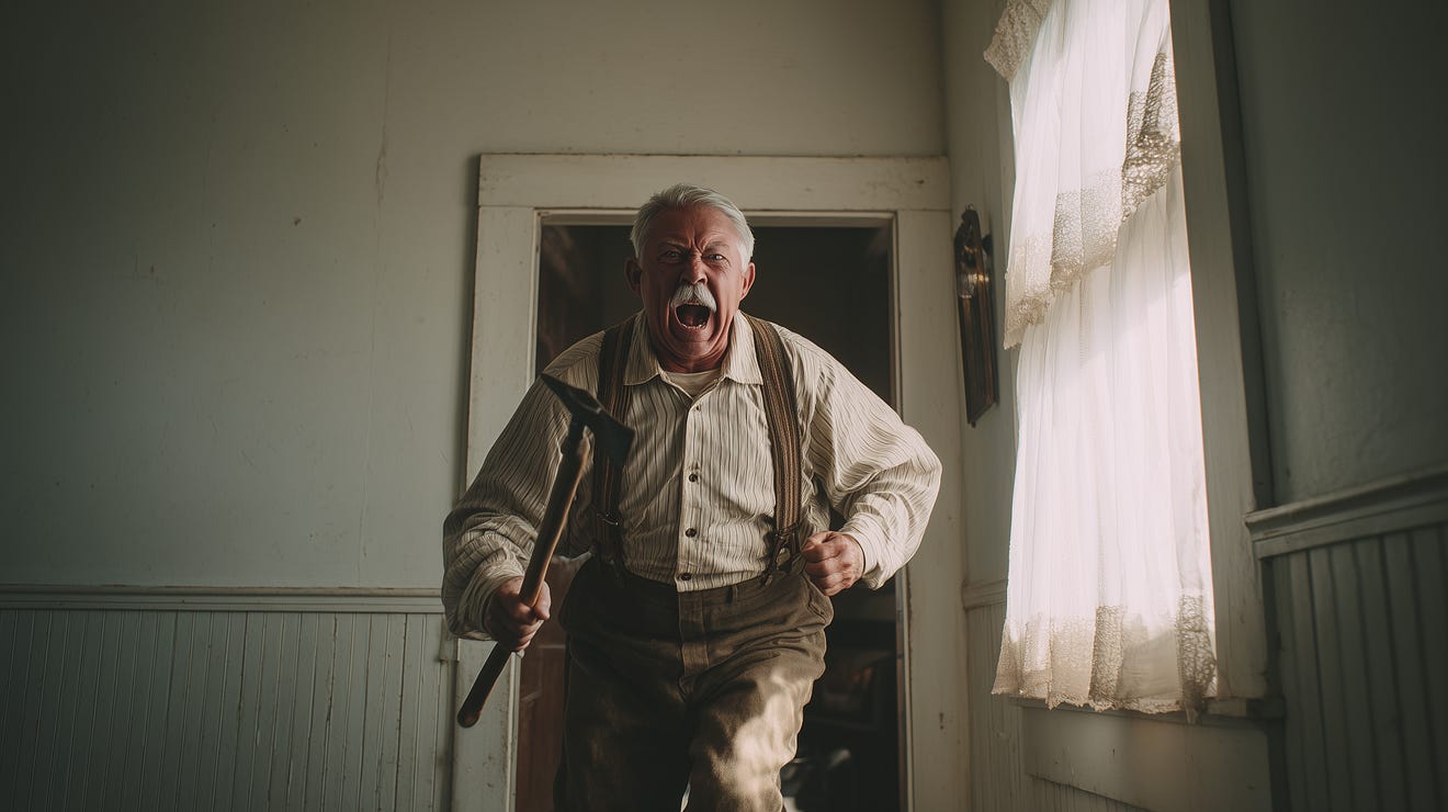 An elderly person in a vintage room wearing suspenders and a striped shirt, holding a hammer while walking. The space features wooden paneling and a lace-curtained window, evoking a historical or rustic setting.
