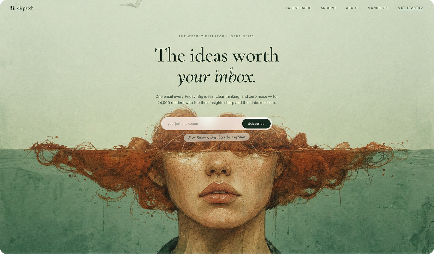 Surrealist watercolor editorial website hero section built with Kimi 3, featuring a large painterly portrait of a woman with rust-colored abstract hair covering her eyes, set against a muted sage green and teal textured background. The design combines literary magazine typography, elegant high-contrast serif headlines, italic editorial accents, minimalist navigation, a centered newsletter subscription form, paper-like grain, watercolor and gouache textures, and an analog art-book aesthetic. The interface uses restrained UI elements and muted natural colors to create a distinctive editorial web design that feels like an independent magazine, illustrated journal, or contemporary art publication rather than a conventional AI-generated landing page.