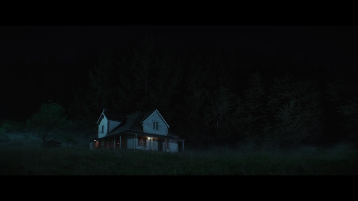 Farmhouse at night in Wolf Man — Wide shot of the isolated rural house surrounded by trees, lit faintly against a pitch-black night sky.