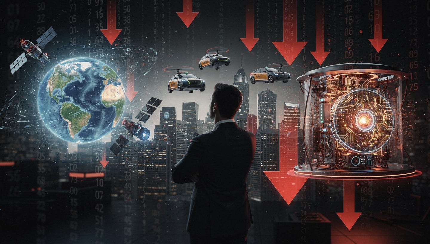 Photorealistic financial editorial header image. A well-dressed investor in a sharp suit stands confidently with arms crossed and back turned, looking away from a dramatic collage of futuristic technology — holographic satellites orbiting Earth, electric flying taxis hovering over a city skyline, and glowing quantum computers — all surrounded by falling stock ticker numbers and red downward arrows. The mood is skeptical and grounded. Cinematic lighting, shallow depth of field, dark moody background with subtle red and orange tones. Wide format 16:9, ultra-detailed, professional photography style, no text. Photorealistic financial editorial header image. A well-dressed investor in a sharp suit stands confidently with arms crossed and back turned, looking away from a dramatic collage of futuristic technology — holographic satellites orbiting Earth, electric flying taxis hovering over a city skyline, and glowing quantum computers — all surrounded by falling stock ticker numbers and red downward arrows. The mood is skeptical and grounded. Cinematic lighting, shallow depth of field, dark moody background with subtle red and orange tones. Wide format 16:9, ultra-detailed, professional photography style, no text.