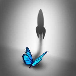 A blue butterfly with the shadow of a rocket