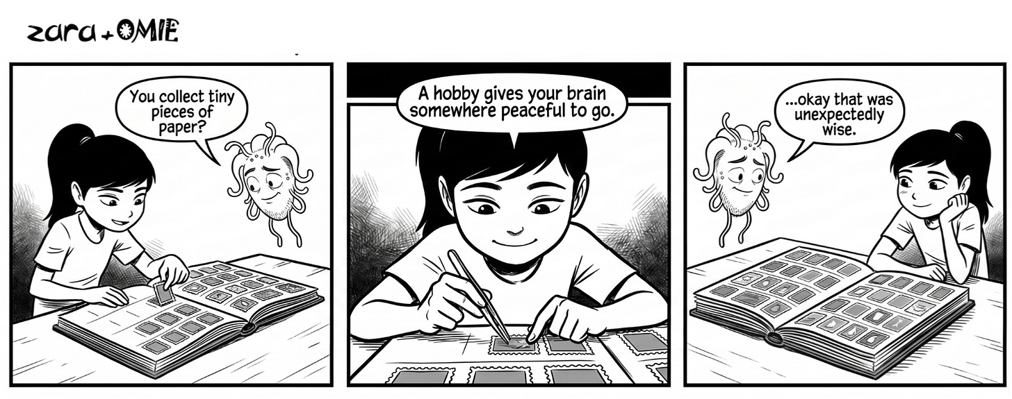Zara explaining how hobbies give the brain somewhere peaceful to go.