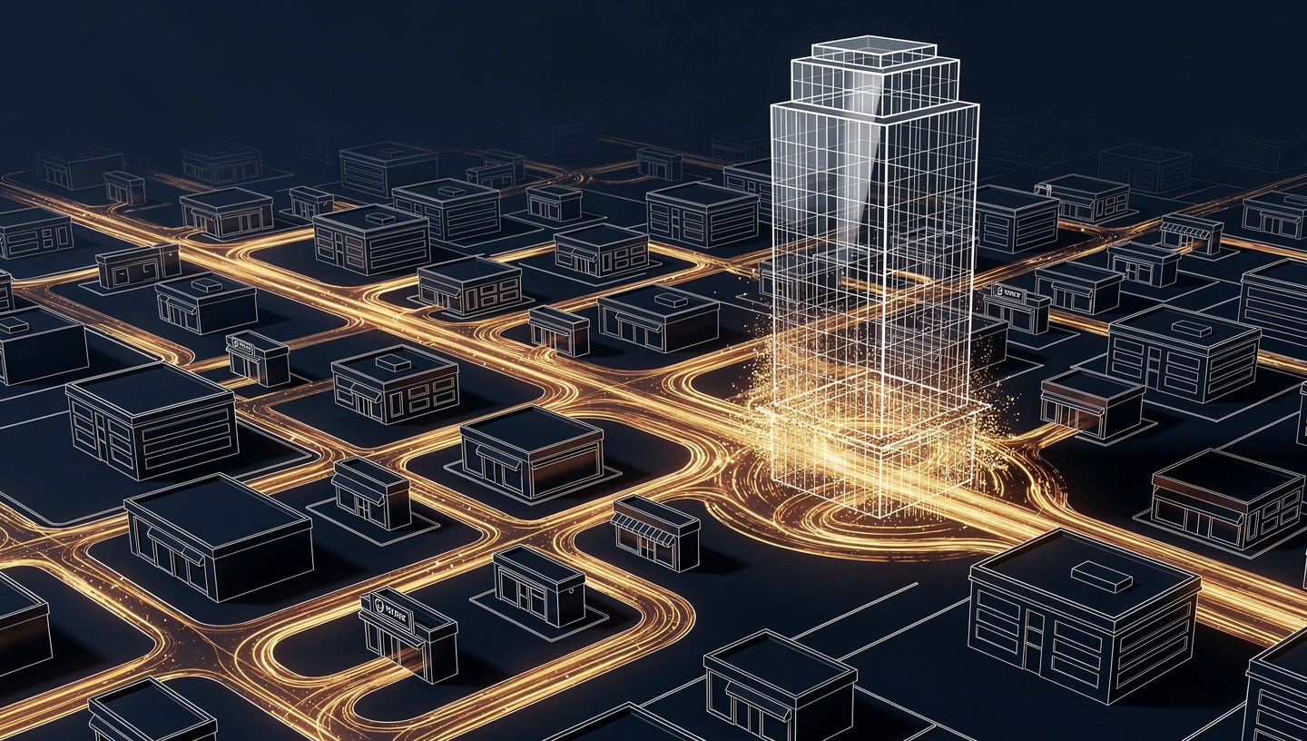 Cinematic wide-format editorial illustration, 16:9 ratio. A vast geometric landscape made of interconnected corporate buildings and small business storefronts, viewed from above at a slight angle. The buildings are being absorbed one by one into a central towering glass skyscraper, connected by glowing golden pathways representing capital flow. Color palette: deep navy blue background, warm amber and gold accents, white architectural lines. Clean, modern, minimalist aesthetic. No text, no people, no logos. Suitable for a finance and investment blog header. Cinematic wide-format editorial illustration, 16:9 ratio. A vast geometric landscape made of interconnected corporate buildings and small business storefronts, viewed from above at a slight angle. The buildings are being absorbed one by one into a central towering glass skyscraper, connected by glowing golden pathways representing capital flow. Color palette: deep navy blue background, warm amber and gold accents, white architectural lines. Clean, modern, minimalist aesthetic. No text, no people, no logos. Suitable for a finance and investment blog header.