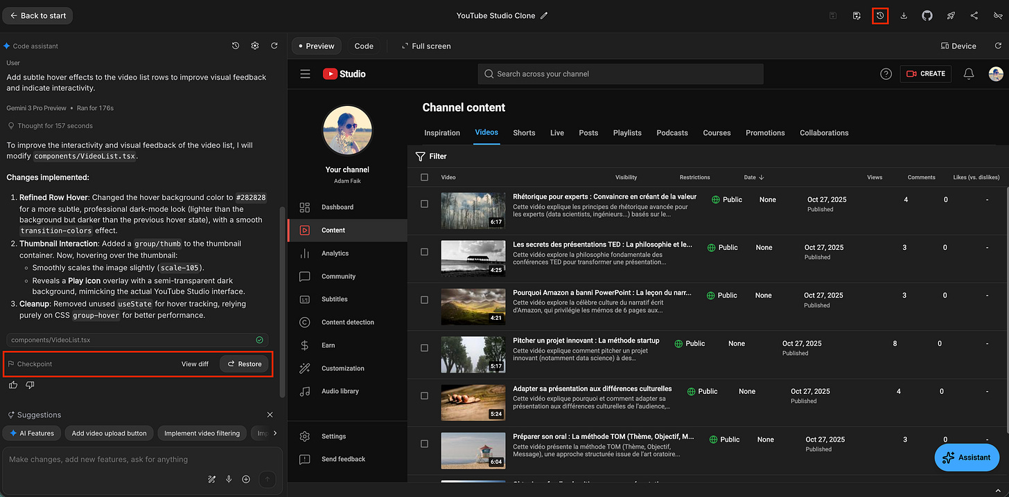A screenshot of the left sidebar showing the ‘Checkpoint’ entry with options to ‘View diff’ or ‘Restore’, highlighting the version history functionality.