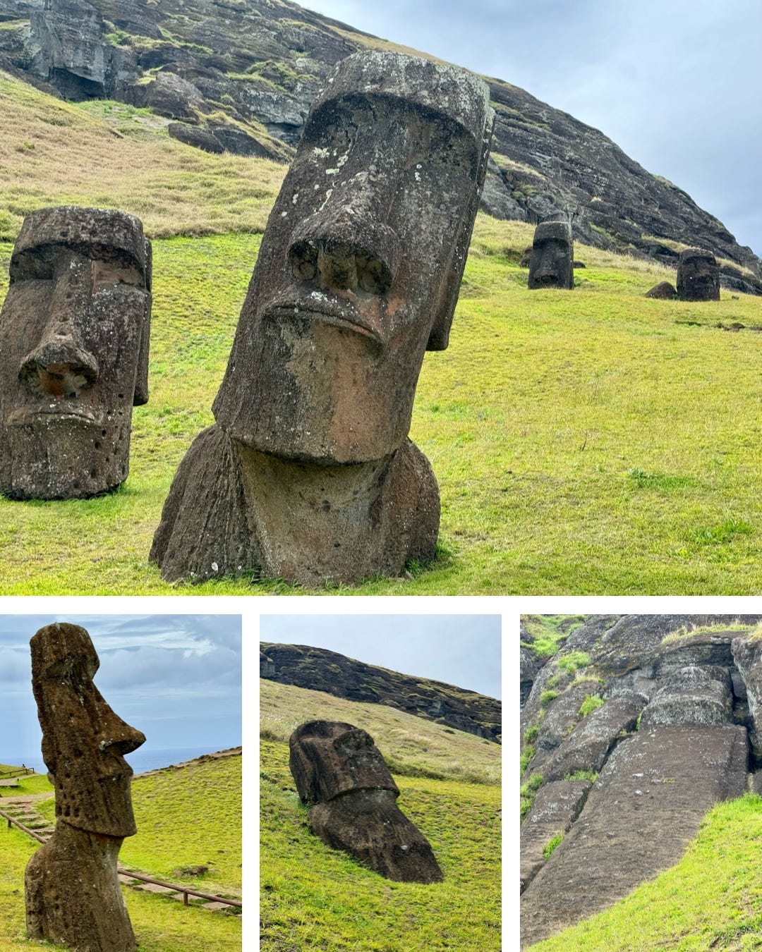 Cuatro fotos de moai en la cantera de Rano Raraku en Rapa Nui. Fotos propias. 