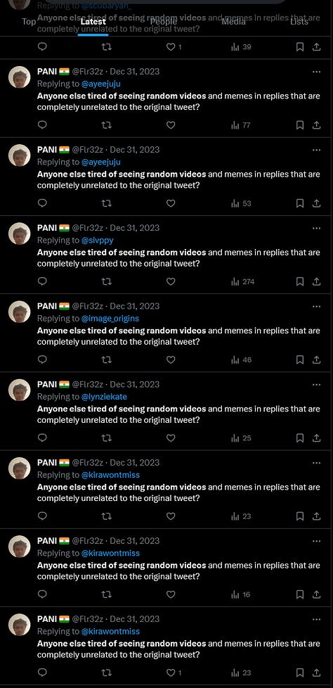 Screenshots of Twitter users repeatedly saying "Anyone else tired of seeing random videos and memes in replies that are completed unrelated to the original tweet?"