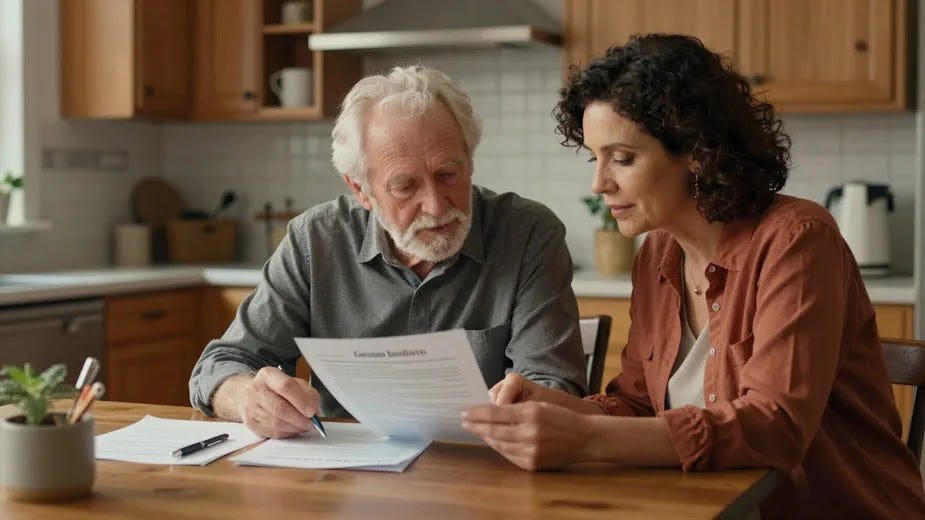 Older adult reviewing Medicare coverage options with a caregiver at a kitchen table.