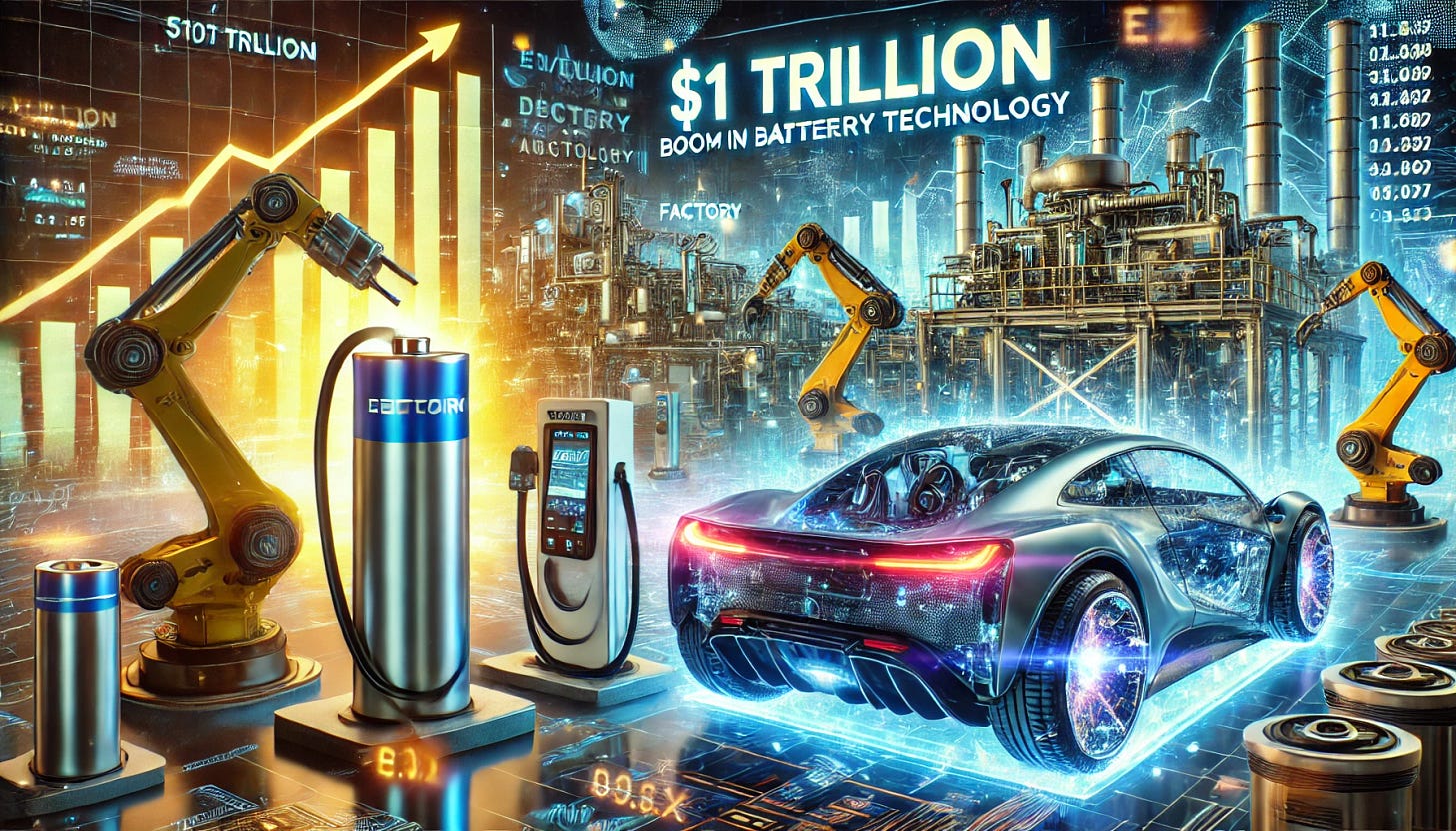 A high-energy, futuristic image highlighting the $1 trillion boom in battery and factory technology. The scene includes an advanced battery production facility, a sleek electric vehicle charging, and robotic automation in a high-tech factory. Stock market graphs and financial indicators glow in the background, symbolizing major investment opportunities. The image has a vibrant, electrified atmosphere with blue and gold tones to convey innovation and economic growth.