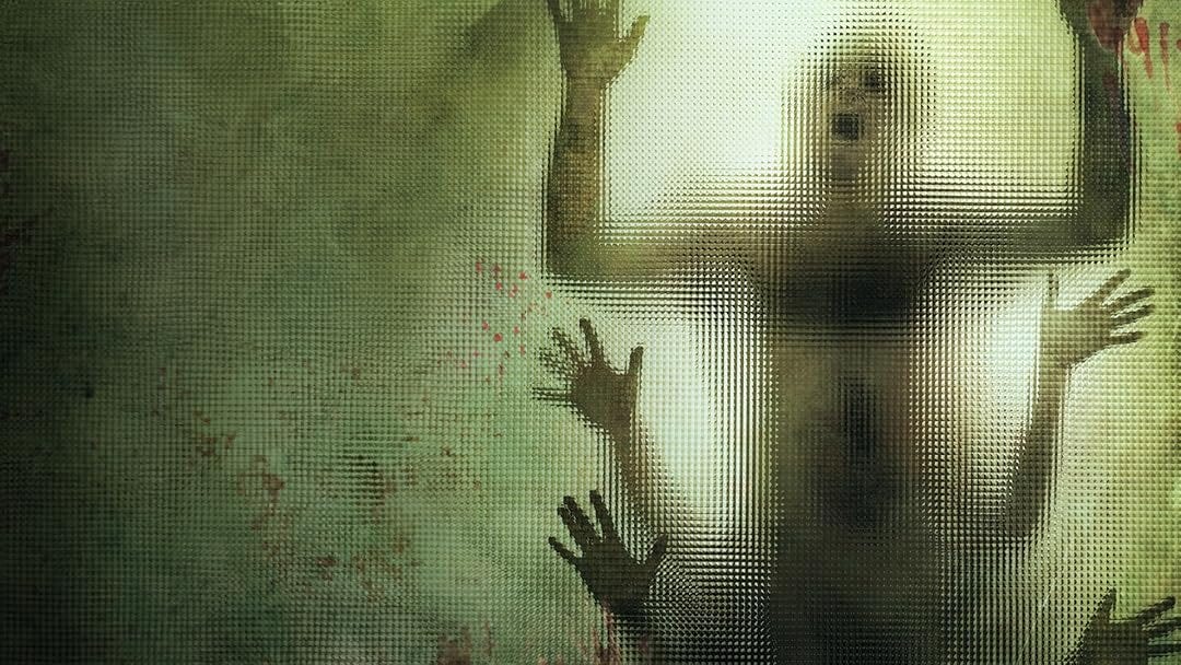 Official poster for The Human Centipede, featuring an abstract silhouette of sewn-together figures trapped behind glass — hinting at the film’s grotesque surgical horror.