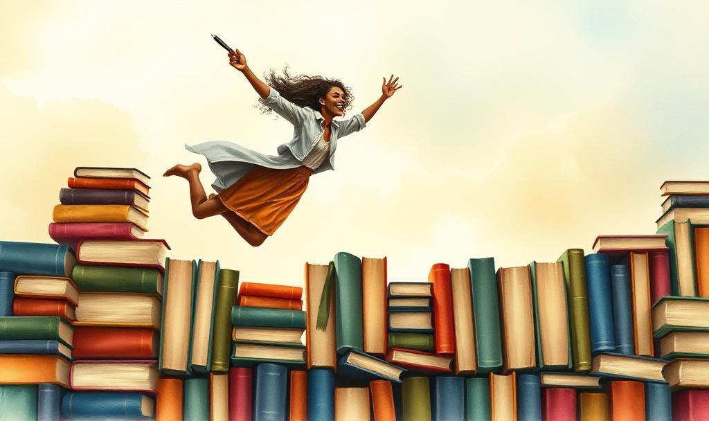 An African American female writer soaring over a wall of books, representing writer's block, with a pen in her hand and a joy-filled expression on her face. In watercolor style. 
