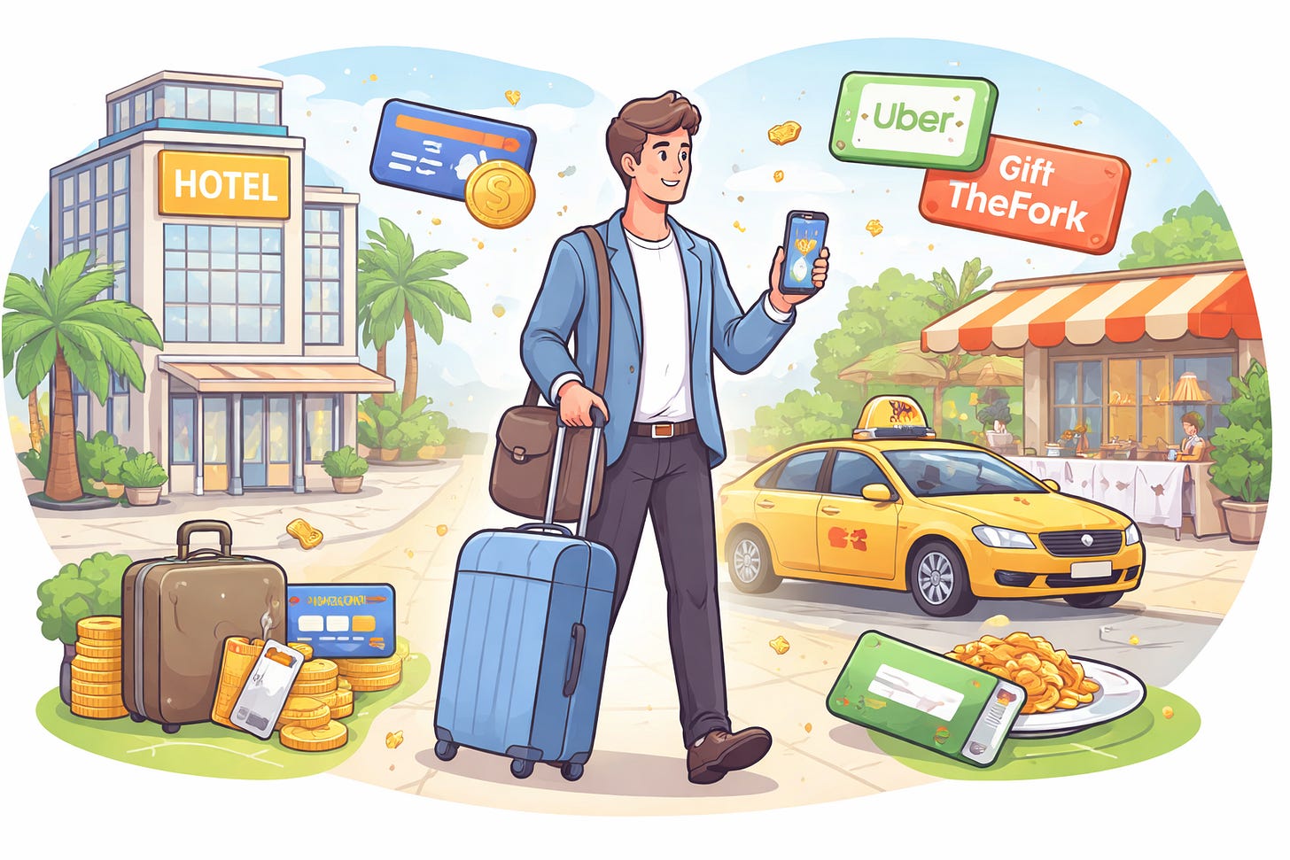 Illustrazione di una persona in trasferta di lavoro con hotel, taxi e ristorante pagati tramite cashback e gift card, a rappresentare il risparmio e i vantaggi sulle spese rimborsate. Illustrazione di una persona in trasferta di lavoro con hotel, taxi e ristorante pagati tramite cashback e gift card, a rappresentare il risparmio e i vantaggi sulle spese rimborsate.