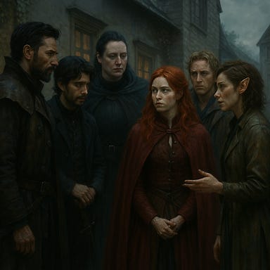 Outside Wachterhaus at twilight, the party gathers around Ireena in tense conversation. Fleetwood, visually based on Richard Armitage, stands tall in dark armor, one hand resting on his sword hilt. Clarion, based on Gwendoline Christie but with black hair, wears a long cloak and polished plate, her expression unreadable. Felonious, based on Ben Whishaw, leans slightly forward in layered robes, holding a scroll with quiet intensity. Greegan, based on Matt Ryan and dressed in rogue's leathers, crouches near the gate, flipping a coin in his gloved hand. Silverleaf, visually based on Tatiana Maslany but an elf, stands slightly apart, her cloak drawn close and her eyes scanning the windows of Wachterhaus with quiet suspicion. Ireena, visually based on Tamsin MacKenzie but with vivid red hair and a long crimson coat, stands at the center, her eyes wide with recent revelation. Wachterhaus looms behind them—ivy-strangled stone, wrought-iron gates ajar, candlelight flickering in the windows. The atmosphere is gothic, dramatic, and emotionally charged.