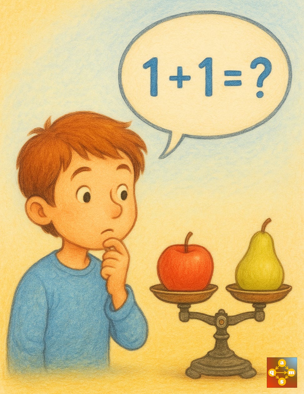Ilustração: menino olha para uma balança com uma maçã e uma pera com expressão de curioso e pensa 1 + 1 = ?