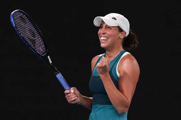 Madison Keys of the United States celebrates winning against Iga Swiatek of Poland in the Women's Singles Semifinal during day 12 of the 2025...
