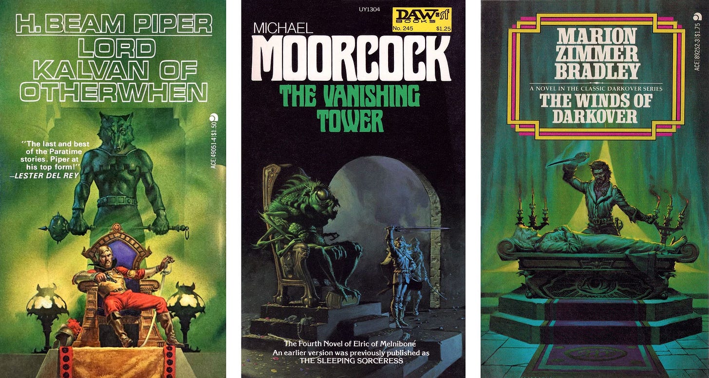 Three paperback covers side-by-side: LORD KALVAN OF OTHERWHEN by H. Beam Piper, published by Ace Books, THE VANISHING TOWER by Michael Moorcock, published by DAW Books, and THE WINDS OF DARKOVER by Marion Zimmer Bradley, published by Ace Books.