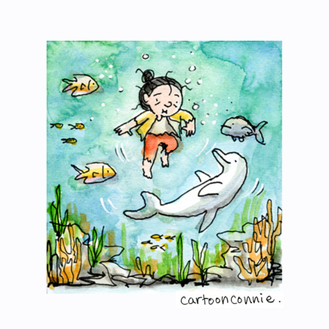 Detail of a 4-panel watercolor comic strip in rhyme, illustrating a cartoon character trying to stay afloat as a big wave crashes onto her and she is pulled underwater. The panels are adjoining and also form one image of an ocean wave. Titled “Sink Or Swim,” this is a cartoon about persevering through hardship and finding support in surprising places. Ink and watercolor on paper. Original art by Connie Sun, cartoonconnie, 2025, All rights reserved.