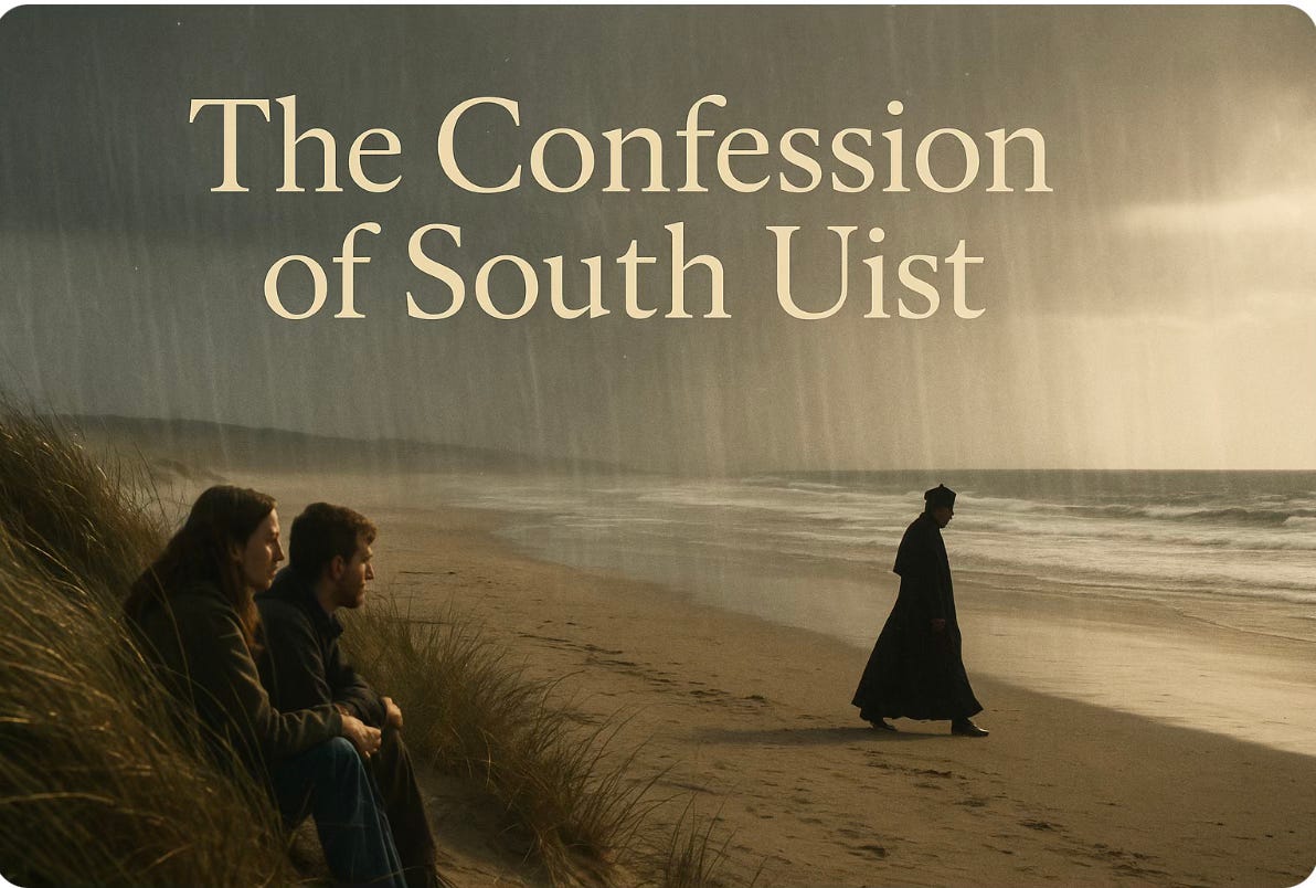 Atmospheric beach scene showing a couple sitting on sand dunes watching a figure in dark robes walking along the shoreline under dramatic light and weather conditions