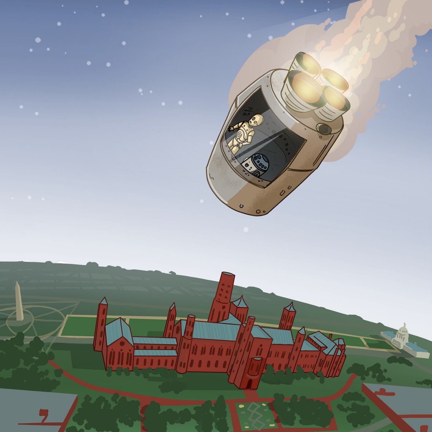 Een kleurrijke, getekende illustratie van een ontsnappingscapsule die met een rookspoor vanuit een sterrenhemel naar beneden stort. Door het raam van de capsule zijn twee droids te zien die lijken op C-3PO en R2-D2. Ze vliegen boven een groen landschap met op de voorgrond een groot, rood bakstenen gebouw (het Smithsonian Institution Castle). In de achtergrond zijn bekende monumenten van Washington D.C. zichtbaar, waaronder het Washington Monument (de obelisk) aan de linkerkant en de koepel van het Capitool aan de rechterkant.