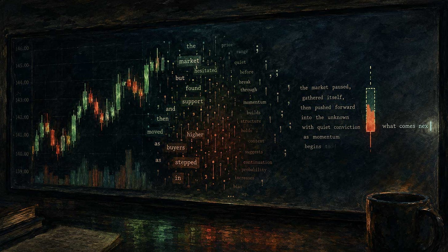 Dark painterly illustration of a trading screen where a candlestick chart dissolves into scattered words and punctuation, suggesting market prediction as sentence completion. Red and green candles rise on the left, then break apart into fragments like “the market,” “support,” “buyers,” and “continuation probability.” On the right, an unfinished red-and-green candle hangs beside the phrase “what comes nex,” with the final letter missing, emphasizing that both the next word and the next market move are still incomplete.
