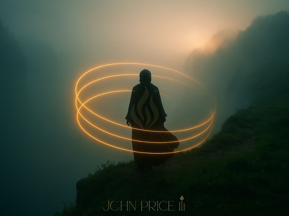 A lone, robe-clad figure stands at the edge of a mist-covered cliff at dawn. Three glowing golden rings spiral around their body, hovering like soft orbits of light. The scene is quiet, mysterious, and ethereal, with fog obscuring the background and the faint outline of trees and cliffs beyond. The atmosphere evokes a sense of reflection, holding patterns, and the moment before stepping into truth.