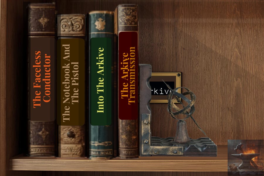 Wooden bookshelf with four books and a brass nameplate. Titles are The Faceless Conductor in weathered brown with orange lettering, The Notebook and the Pistol, in beige and brown, Into the Arkive, in green and yellow, and The Arkive Transmission, in brown, maroon, and gold. A weathered metal armillary sphere serves as a bookend on the right. A brass plaque on the back panel reads “Arkive.”