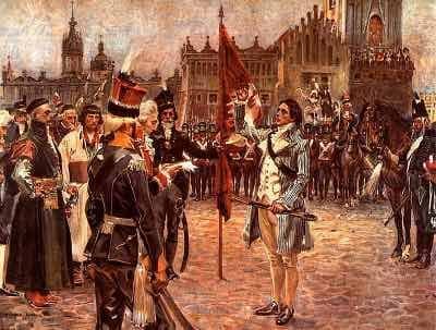Tadeusz Kościuszko takes oath as leader of the Kościuszko Uprising (1794) in Kraków market square.
