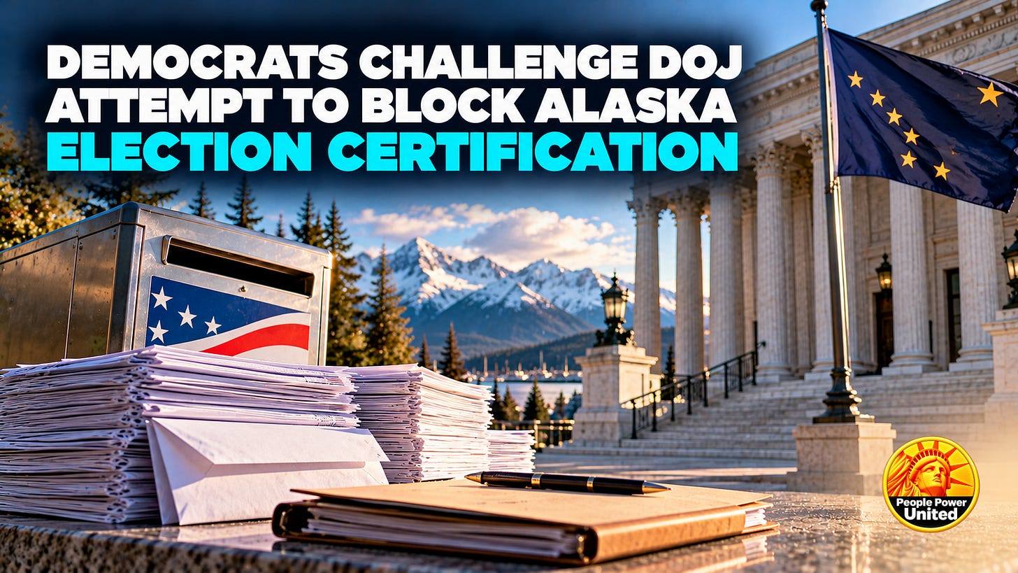 Democrats challenge DOJ attempt to block Alaska election certification. Democrats challenge DOJ attempt to block Alaska election certification.