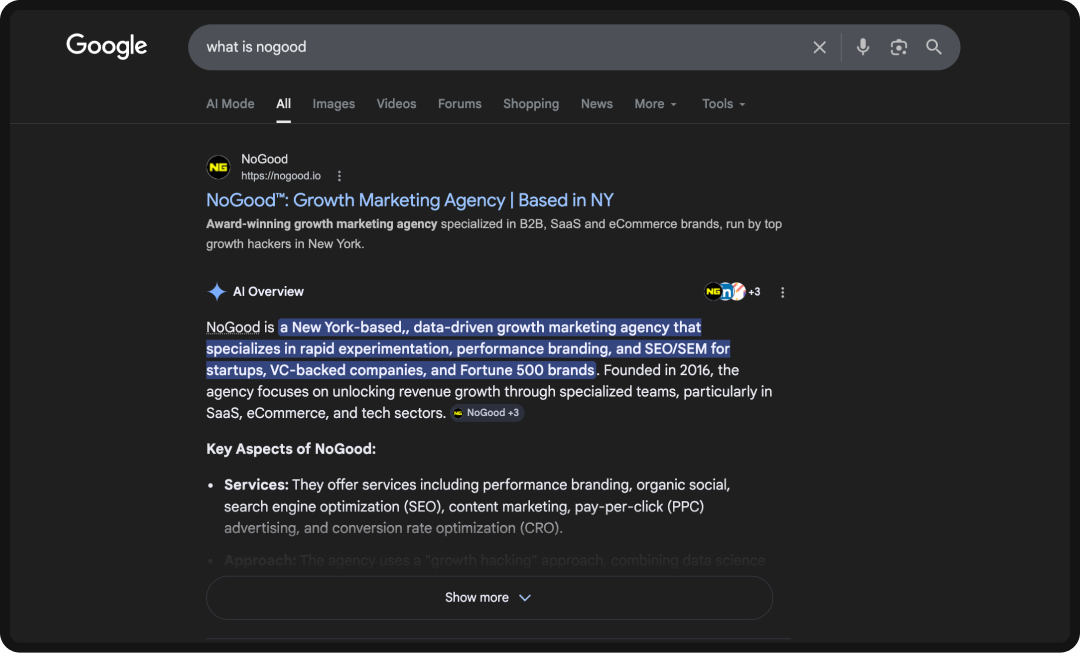 Google Search including an AI overview for NoGood's entity as a marketing agency.