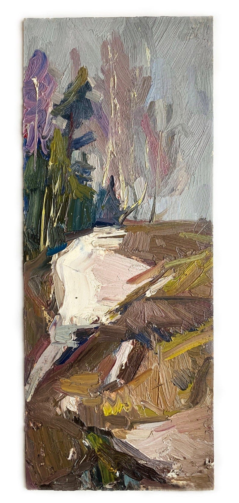 May include: An abstract oil painting on a rectangular canvas. The artwork features thick brushstrokes in shades of brown, green, pink, and blue, depicting a landscape with trees and a cloudy sky. The painting has a textured appearance.