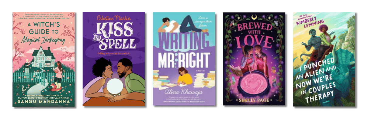 Book Recs For the Friend Who Wants to Live in Another World That's Mostly Warm & Fuzzy: A Witch's Guide to Magical Innkeeping by Sangu Mandanna, Kiss & Spell by Celestine Martin, Writing Mr. Right by Alina Khawaja, Brewed with Love by Shelly Page, I Punched An Alien And Now We're In Couples Therapy by Kimberly Lemming