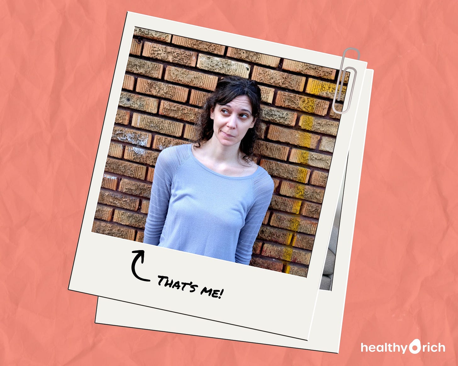 graphic of polaroid picture of dana miranda in front of a brick wall, with a caption that reads "that's me!"