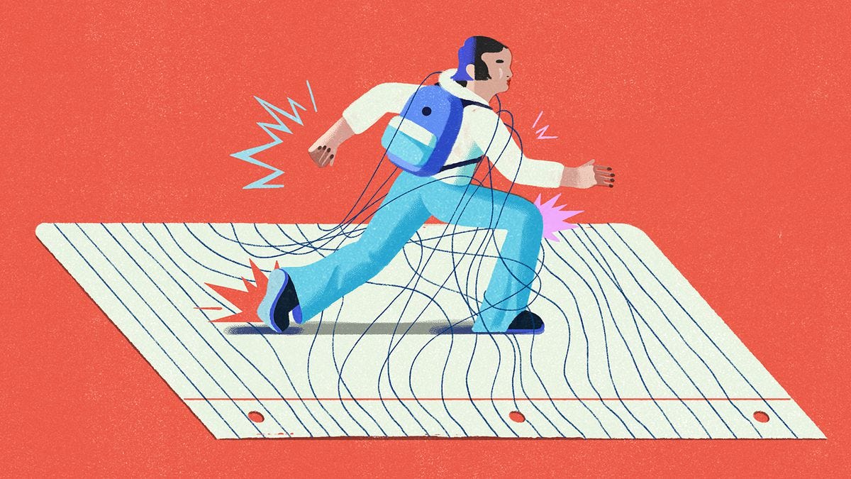 An illustration of a student wearing a backpack, trapped and tangled by the lines of a piece of ruled lined paper, which appear to have come to life around the struggling student.