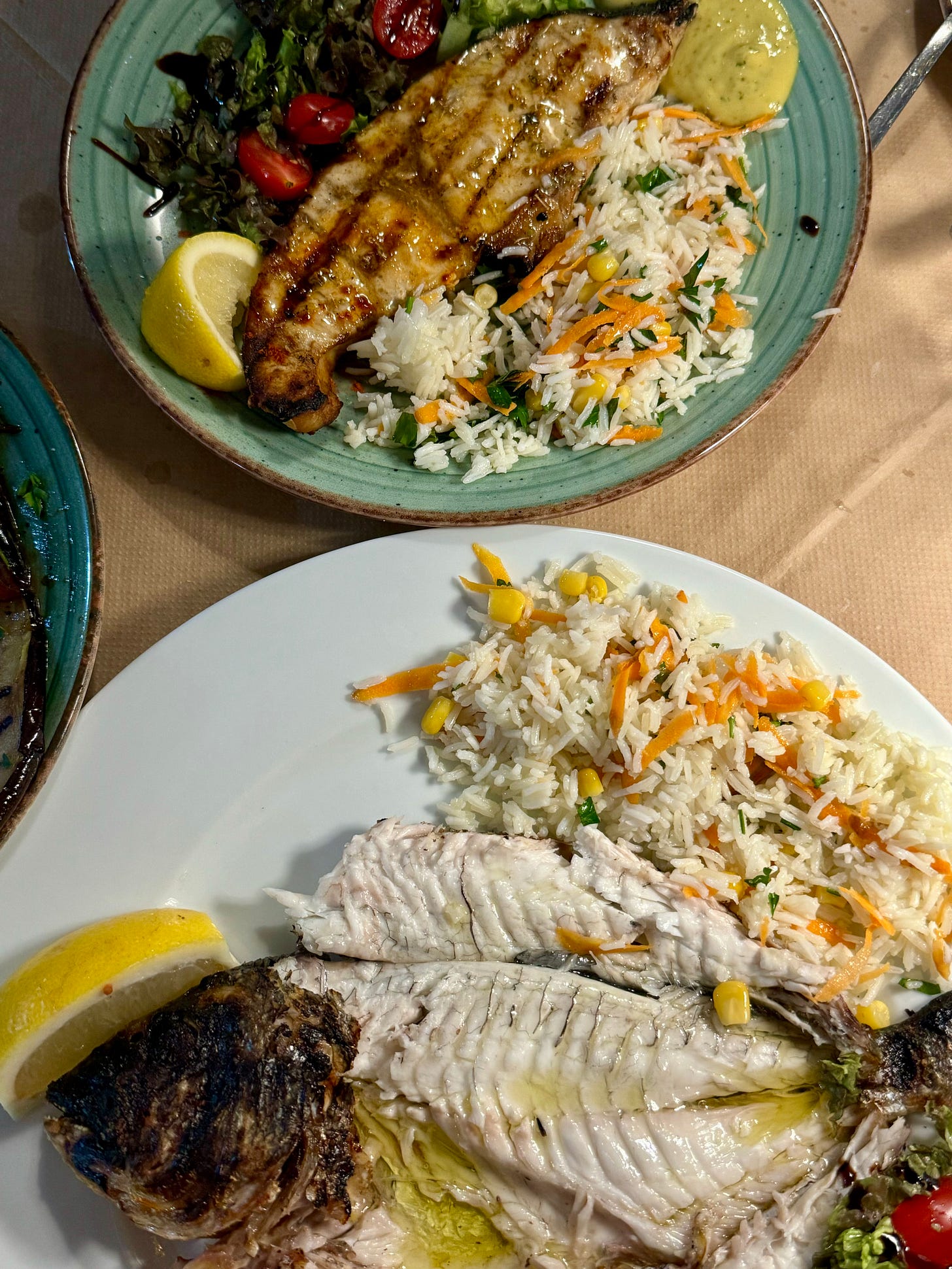 fish and rice on a plate