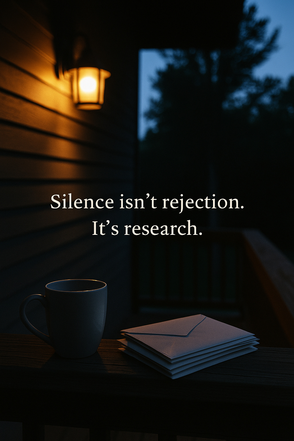 A quiet porch scene with a single light and unopened letters — symbolizing the lessons found in silence.