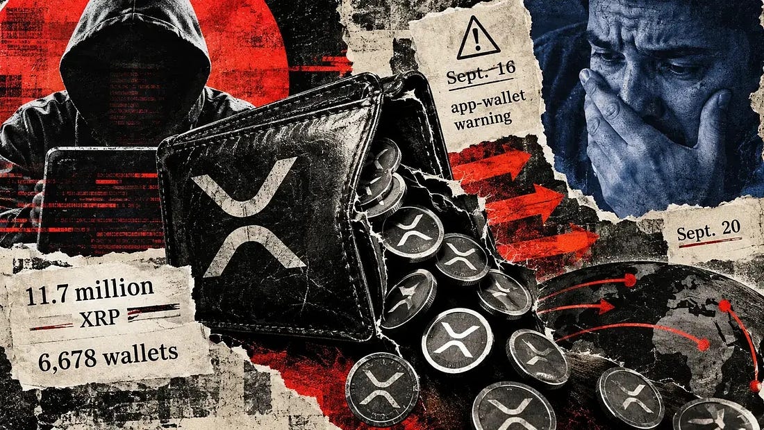 Shadowed attacker looms behind a damaged XRP wallet as funds spill out, referencing 11.7 million XRP drained from 6,678 wallets. Shadowed attacker looms behind a damaged XRP wallet as funds spill out, referencing 11.7 million XRP drained from 6,678 wallets.